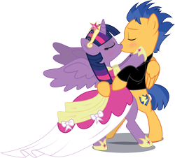 Size: 5748x5201 | Tagged: safe, artist:benybing, character:flash sentry, character:twilight sparkle, character:twilight sparkle (alicorn), species:alicorn, species:pegasus, species:pony, ship:flashlight, absurd resolution, bipedal, clothing, coronation dress, crown, dress, element of magic, eyes closed, female, jewelry, kissing, male, regalia, shipping, straight, wings