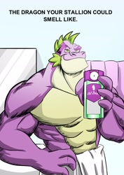 Size: 2480x3508 | Tagged: safe, artist:smilingdogz, character:spike, beefspike, male, muscles, old spice, older, older spike, parody, solo, towel, towel around waist