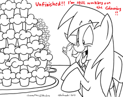 Size: 1000x787 | Tagged: safe, artist:tobibrocki, character:derpy hooves, character:rainbow dash, species:pegasus, species:pony, eating contest, female, grayscale, happy, lineart, mare, monochrome, muffin, nervous, sweat, sweatdrop, tongue out, wip