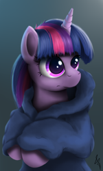 Size: 900x1500 | Tagged: safe, artist:sonicrainboom93, character:twilight sparkle, species:pony, species:unicorn, clothing, female, gradient background, hoodie, mare, solo