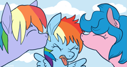 Size: 797x422 | Tagged: safe, artist:comickit, character:firefly, character:rainbow blaze, character:rainbow dash, species:pegasus, species:pony, ship:fireblaze, g1, g4, eyes closed, family, female, filly, firefly as rainbow dash's mom, foal, g1 to g4, generation leap, kiss on the cheek, kiss sandwich, kissing, male, mare, parent, shipping, stallion, tongue out, younger
