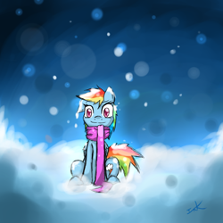Size: 900x900 | Tagged: safe, artist:inkytophat, character:rainbow dash, clothing, female, scarf, snow, snowfall, solo