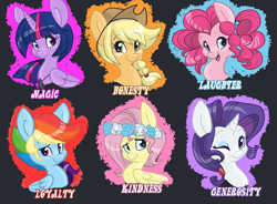 Size: 4879x3588 | Tagged: safe, artist:indiefoxtail, character:applejack, character:fluttershy, character:pinkie pie, character:rainbow dash, character:rarity, character:twilight sparkle, character:twilight sparkle (alicorn), species:alicorn, species:pony, alternate hairstyle, braid, female, floral head wreath, line-up, mane six, mare, pigtails, portrait
