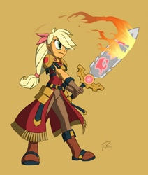 Size: 1146x1350 | Tagged: safe, artist:didj, character:applejack, enchanted weapon, fantasy class, female, flaming sword, humanized, knight, my little mages, orange background, orange skin, paladin, pony coloring, simple background, solo, sword, warrior, weapon