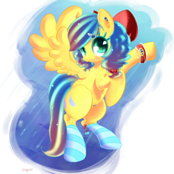 Size: 896x892 | Tagged: safe, artist:carligercarl, character:sunshower raindrops, alternate hairstyle, background pony, belly chain, bow, clothing, earring, female, hair bow, hairclip, jewelry, looking at you, rearing, smiling, socks, solo, spread wings, striped socks, wings