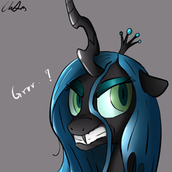 Size: 1000x1000 | Tagged: safe, artist:cs, character:queen chrysalis, species:changeling, angry, changeling queen, female, gray background, growling, signature, simple background, solo