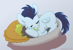 Size: 774x533 | Tagged: safe, artist:bibliodragon, character:soarin', species:pony, colt, cute, male, pie, sleeping, soarinbetes, that pony sure does love pies