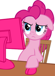 Size: 334x455 | Tagged: safe, artist:astringe, character:pinkie pie, computer, female, floppy ears, meme, reaction image, simple background, solo, transparent background