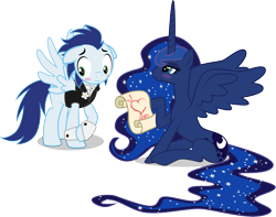 Size: 10453x8244 | Tagged: safe, artist:benybing, character:princess luna, character:soarin', absurd resolution, bedroom eyes, blushing, clothing, female, floppy ears, heart, hoof hold, male, missing accessory, scroll, shipping, shirt, shy, simple background, sitting, smiling, soaruna, spread wings, straight, transparent background, vector, wings