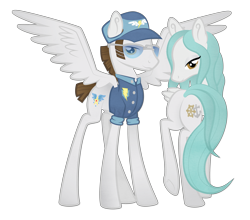 Size: 2953x2598 | Tagged: safe, artist:ivyhaze, character:fast clip, oc, species:pegasus, species:pony, canon x oc, clothing, duo, female, hat, lidded eyes, male, manerick, mare, plot, shipping, simple background, spread wings, stallion, straight, sunglasses, transparent background, uniform, wings, wonderbolts dress uniform