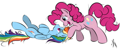 Size: 1900x800 | Tagged: safe, artist:sonicrainboom93, character:pinkie pie, character:rainbow dash, ship:pinkiedash, female, lesbian, messy mane, shipping, smiling, unamused, upside down