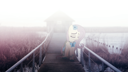 Size: 1920x1080 | Tagged: safe, artist:karl97, character:fluttershy, bridge, clothing, dress, gala dress, house, irl, lake, photo, ponies in real life, sad, solo, vector, wallpaper