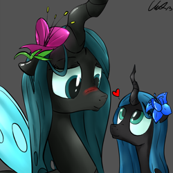Size: 1000x1000 | Tagged: safe, artist:cs, character:queen chrysalis, oc, species:changeling, blushing, changeling oc, changeling queen, cute, cutealis, cuteling, duo, duo female, female, floppy ears, gray background, heart, heart's desire, mommy chrissy, mother, mother and daughter, nymph, ocbetes, poison joke, signature, simple background, smiling