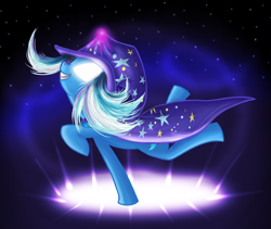 Size: 1408x1191 | Tagged: safe, artist:myhysteria, character:trixie, species:pony, species:unicorn, cape, clothing, female, glowing eyes, glowing horn, hat, magic, mare, sky, solo, stars, trixie's cape, trixie's hat