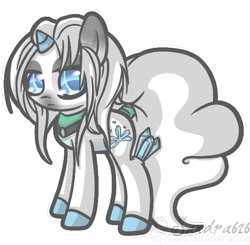 Size: 553x543 | Tagged: safe, artist:sandra626, oc, oc only, oc:crispy flocon, species:pony, species:unicorn, collar, commission, crystal, cute, frown, long tail, looking at you, solo, tail wrap