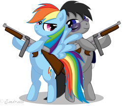 Size: 1114x959 | Tagged: safe, artist:sandra626, character:rainbow dash, oc, oc:crossfire, species:earth pony, species:pegasus, species:pony, commission, gun, tommy gun