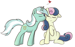 Size: 803x502 | Tagged: dead source, safe, artist:spaerk, character:bon bon, character:lyra heartstrings, character:sweetie drops, species:earth pony, species:pony, species:unicorn, ship:lyrabon, female, heart, kissing, lesbian, shipping