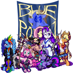 Size: 2000x2000 | Tagged: safe, artist:davidcurser, character:applejack, character:fluttershy, character:pinkie pie, character:rainbow dash, character:rarity, character:twilight sparkle, character:twilight sparkle (alicorn), species:alicorn, species:pony, badass, band, bass guitar, bipedal, clothing, female, flutterbadass, mane six, mare, motorcycle, musical instrument, poison joke