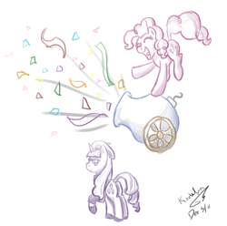 Size: 1023x1016 | Tagged: safe, artist:kudalyn, character:pinkie pie, character:rarity, species:earth pony, species:pony, species:unicorn, beatnik rarity, beret, clothing, duo, female, hat, party cannon, simple background, white background