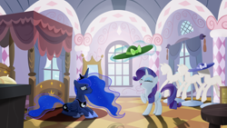 Size: 2560x1440 | Tagged: safe, artist:regolithx, character:princess luna, character:rarity, bed, carousel boutique, clothing, duo, eyes closed, hat, levitation, magic, mannequin, rarity's bedroom