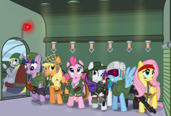 Size: 1134x770 | Tagged: safe, artist:nyerpy, character:applejack, character:derpy hooves, character:fluttershy, character:pinkie pie, character:rainbow dash, character:rarity, character:twilight sparkle, species:pegasus, species:pony, airborne, ammo belt, army, bandana, clothing, female, grenade, grenade launcher, gun, helmet, interior, knife, m14, m16, m60, m79, mane six, mare, military, ramboshy, rifle, tacticool, vietnam, vietnam war, war, weapon
