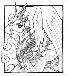 Size: 1968x2200 | Tagged: safe, artist:nastylady, character:princess celestia, species:alicorn, species:pony, g4, clothing, female, lineart, mare, monochrome, sketch, solo, traditional art
