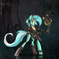Size: 800x800 | Tagged: safe, artist:nastylady, character:lyra heartstrings, species:pony, species:unicorn, abstract background, alternate hairstyle, boots, female, hand, happy, lyre, mare, mechanical hands, robotic arm, shoes, smiling, solo, steampunk