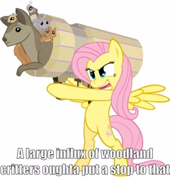 Size: 2190x2282 | Tagged: safe, artist:maximillianveers, character:fluttershy, species:pony, animal, bipedal, cannon, cannon ponies, caption, dr bees, harry partridge, image macro