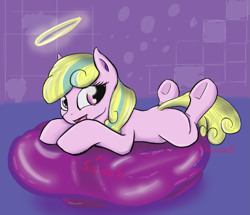 Size: 965x829 | Tagged: safe, artist:pantzar, oc, oc only, oc:puppysmiles, species:earth pony, species:pony, fallout equestria, askpuppysmiles, balloon, balloon sitting, cute, fallout equestria: pink eyes, fanfic, fanfic art, female, filly, foal, fun, hooves, lying down, open mouth, riding, solo, underhoof