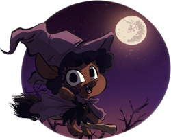 Size: 783x639 | Tagged: safe, artist:tweissie, oc, oc only, oc:rice paddy, broom, cape, clothing, costume, dead tree, flying, flying broomstick, full moon, hat, looking at you, mare in the moon, moon, night, night sky, open mouth, simple background, smiling, solo, stars, transparent background, tree, waving, witch, witch hat