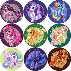 Size: 450x450 | Tagged: safe, artist:shinepawpony, character:applejack, character:fluttershy, character:pinkie pie, character:princess celestia, character:princess luna, character:rainbow dash, character:rarity, character:twilight sparkle, oc, buttons, mane six