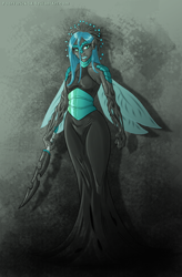 Size: 904x1380 | Tagged: dead source, safe, artist:pooryorick, character:queen chrysalis, species:changeling, g4, abstract background, female, humanized, pony coloring, solo, standing, sword, weapon, winged humanization, wings