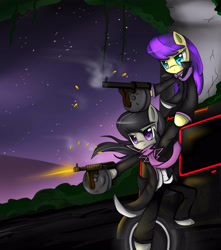Size: 3100x3500 | Tagged: safe, artist:cyanaeolin, character:octavia melody, character:symphony, species:earth pony, species:pony, car, clothing, duo, duo female, female, gun, mafia, semi-anthro, submachinegun, tommy gun