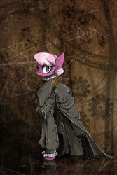 Size: 600x900 | Tagged: safe, artist:nastylady, character:cheerilee, species:earth pony, species:pony, abstract background, alternate hairstyle, clothing, female, mare, mouth hold, smiling, smirk, solo, steampunk, victorian
