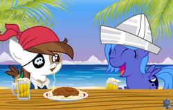 Size: 1024x650 | Tagged: safe, artist:abydos91, character:pipsqueak, character:princess luna, moonstuck, beach, cartographer's cap, clothing, drink, filly, food, hat, pipsqueak eating spaghetti, pirate, spaghetti, table, woona