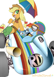 Size: 1200x1700 | Tagged: safe, artist:aoi takayuki, artist:whitecloud72988, character:applejack, character:rainbow dash, species:pony, bipedal, car, clothing, colored, duo, goggles, helmet, racecar, umbrella