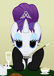 Size: 482x676 | Tagged: safe, artist:thelastgherkin, character:rarity, species:pony, species:unicorn, alternate hairstyle, audrey hepburn, breakfast at tiffany's, cigarette, cigarette holder, clothing, crossover, cup, dress, evening gloves, eyeshadow, female, glass, gloves, hilarious in hindsight, holly golightly, hoof hold, lidded eyes, long gloves, looking at you, makeup, mare, predicting the future, saucer, smiling, smoking, solo, table, tiara