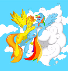 Size: 5000x5200 | Tagged: safe, artist:gear, character:rainbow dash, character:spitfire, ship:spitdash, absurd resolution, armpits, bedroom eyes, cloud, cloudy, female, grin, lesbian