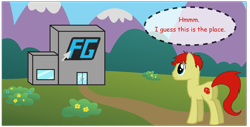 Size: 1600x812 | Tagged: safe, artist:fureox, oc, oc only, species:earth pony, species:pony, building, bush, comic, comic sans, door, filly gamez, flower, male, mountain, office, sethisto, solo, stallion, text