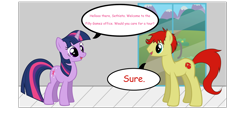 Size: 1600x766 | Tagged: safe, artist:fureox, character:twilight sparkle, oc, species:earth pony, species:pony, comic, comic sans, dialogue, door, duo, filly gamez, indoors, mountain, sethisto, speech bubble, text, tour
