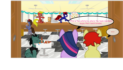 Size: 1600x908 | Tagged: safe, artist:dracoblair, artist:fureox, character:twilight sparkle, oc, species:earth pony, species:pony, ..., bipedal, bottle, cafeteria, cake, clothing, coffee, comic, comic sans, counter, cup, dialogue, drink, fan, female, fez, filly gamez, foodfight, hat, indoors, male, mare, missing horn, plate, sethisto, speech bubble, stallion, table, tables, text, tongue out, vest
