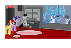 Size: 1600x1077 | Tagged: safe, artist:fureox, artist:mythogamer, character:dj pon-3, character:octavia melody, character:twilight sparkle, character:vinyl scratch, oc, oc:sethisto, species:earth pony, species:pony, comic, comic sans, dialogue, filly gamez, headphones, indoors, male, microphone, recording, recording studio, speech bubble, stallion, studio, text