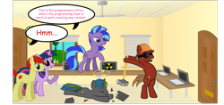 Size: 1600x756 | Tagged: safe, artist:dracoblair, artist:fureox, character:twilight sparkle, oc, species:earth pony, species:pony, bipedal, comic, comic sans, computer, dialogue, door, female, filly gamez, hammer, helmet, indoors, keyboard, laptop computer, male, mallet, mare, office, programming, sethisto, speech bubble, stallion, stars, text, window