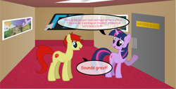 Size: 1600x812 | Tagged: safe, artist:fureox, artist:mythogamer, character:twilight sparkle, species:earth pony, species:pony, arrow, comic, comic sans, dialogue, door, duo, filly gamez, hallway, indoors, sethisto, speech bubble, text, writer's block