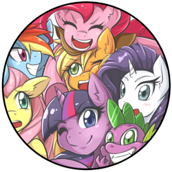 Size: 600x600 | Tagged: safe, artist:jinzhan, character:applejack, character:fluttershy, character:pinkie pie, character:rainbow dash, character:rarity, character:spike, character:twilight sparkle, badge, blushing, button, happy, looking at you, mane seven, mane six, smiling