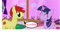 Size: 1600x935 | Tagged: safe, artist:dracoblair, artist:fureox, character:twilight sparkle, species:earth pony, species:pony, comic, comic sans, dialogue, duo, filly gamez, happy, indoors, male, sethisto, speech bubble, stallion, text