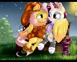 Size: 3805x3084 | Tagged: safe, artist:carligercarl, character:fluttershy, character:rarity, ship:rarishy, bench, boots, bottomless, clothing, cup, drink, female, hat, hug, lesbian, necklace, partial nudity, sandals, scarf, shipping, shoes, sitting, snow, snowfall, socks, sweater, sweatershy, winghug