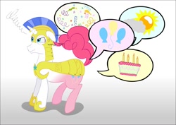 Size: 1061x753 | Tagged: safe, artist:ultrathehedgetoaster, character:pinkie pie, species:pony, body sharing, cake, conjoined, cutie mark, dialogue, eye twitch, gradient background, hedgetoaster hybrid, hybrid, merging, party, pictogram, pun, royal guard, speech bubble, tickling, visual gag, wat
