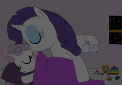 Size: 900x631 | Tagged: safe, artist:lightdegel, character:rarity, character:sweetie belle, block, crayon, cream the rabbit, crossover, drawing, good night, goodnight, kissing, night, sisterly love, sisters, sleeping, sonic the hedgehog (series)