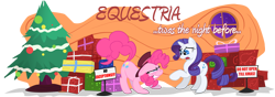 Size: 1500x525 | Tagged: safe, artist:secoh2000, character:pinkie pie, character:rarity, species:earth pony, species:pony, species:unicorn, arched back, christmas, christmas tree, clothing, duo, hat, holiday, present, squint, tree
